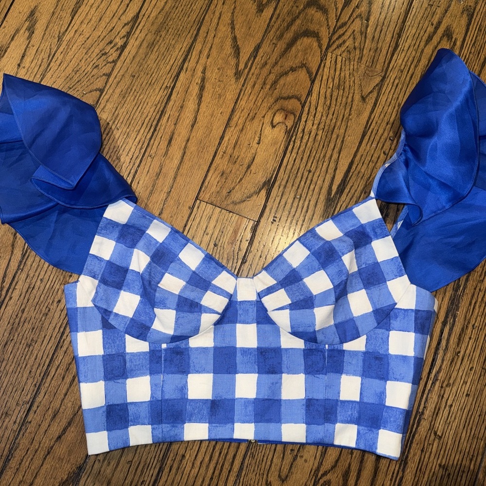 Neubyrne Women's Gingham Plaid Crop Blue White Check Medium Back Zip Bralette - Picture 2 of 9